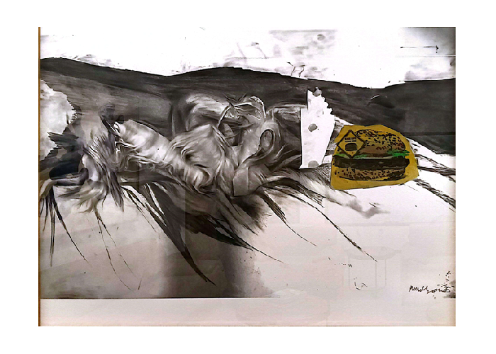 Untitled: Drawing w/ hair of strange matter & burger outlet #5 (2025)